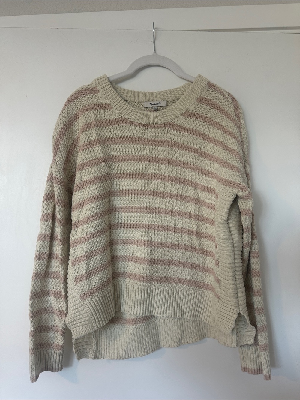 Madewell Cream & Pale Pink Striped Crewneck Sweater